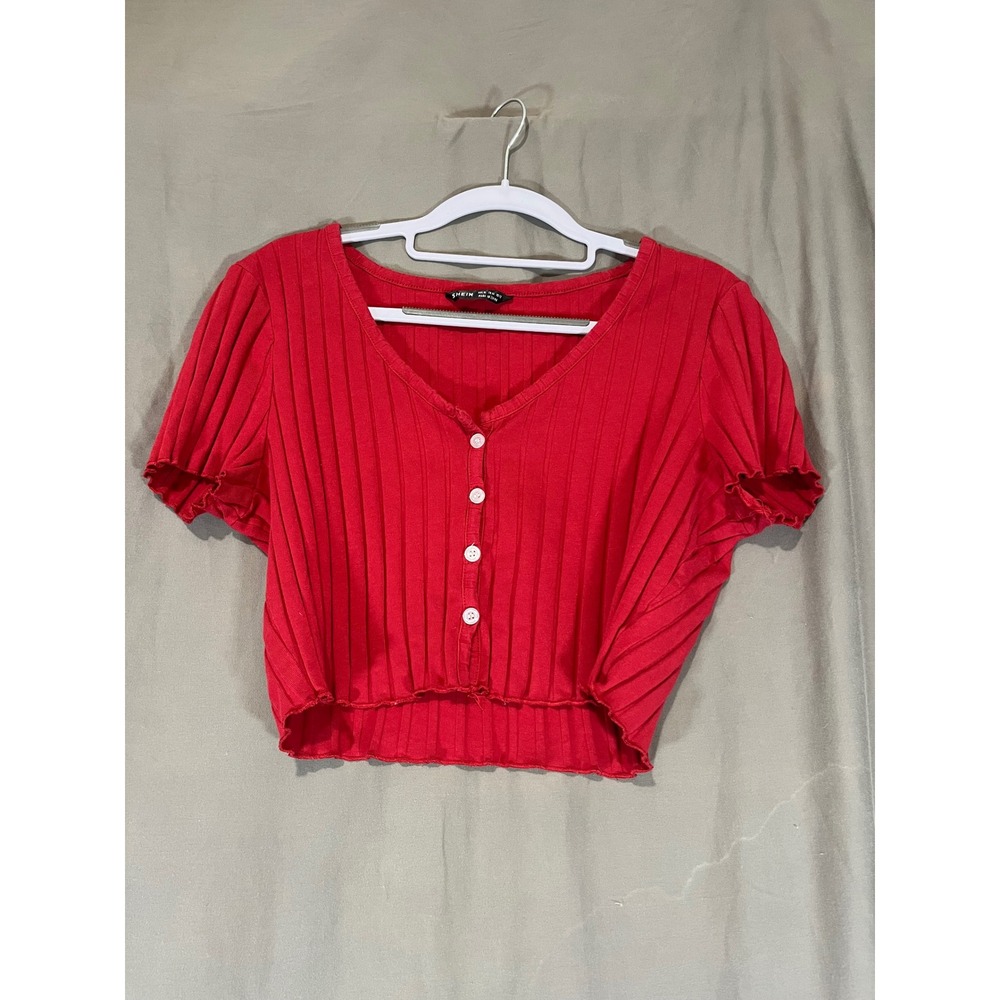 SHEIN Womens Red Ribbed Henley Top Short Sleeve Button Front Size XL US 12‎